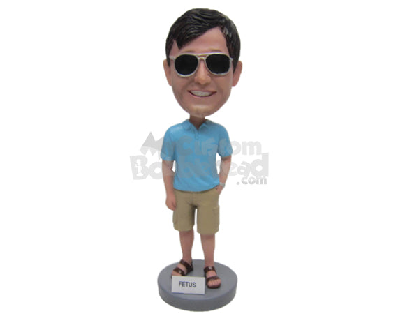 Custom Bobblehead Guy Wearing A T-Shirt And Short Pant With Sleepers - Leisure & Casual Casual Males Personalized Bobblehead & Cake Topper Custom Bobblehead Guy Wearing A T-Shirt And Short Pant With Sleepers - Leisure & Casual Casual Males Personalized Bobblehead & Cake Topper